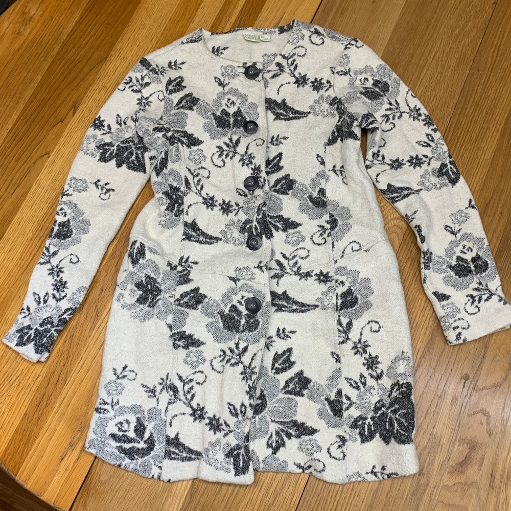 Lucy & Laurel Wool Blend Floral Jacquard Longline Cardigan Sweater Black White M